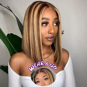 Blonde Highlight Bob Wig, 5x5 HD Lace Pre Cut Wear and Go Glueless Wig 14" HD